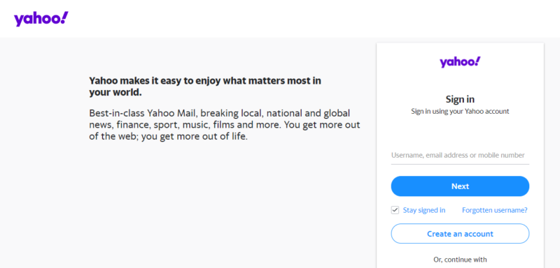 Yahoo login page