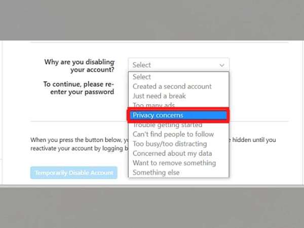 Select a “Reason” that explains why you want to temporarily delete your Instagram account