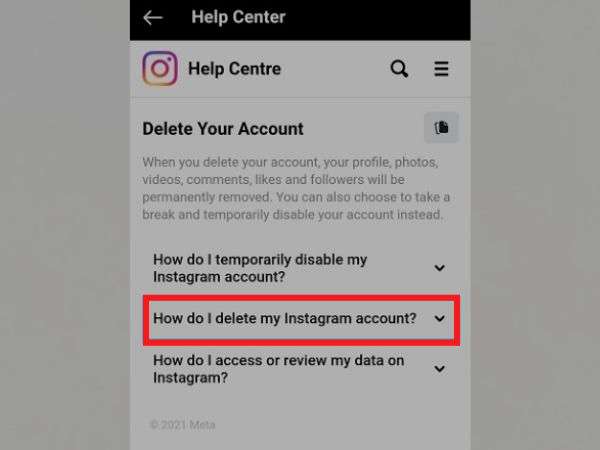 Expand the —“How do I delete my Instagram account?” drop-down section.