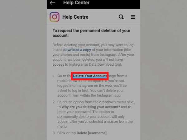 Find the “Delete your Account” option and press it.