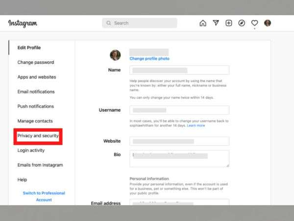 Click on “Privacy and Security” from your Instagram Profile settings.