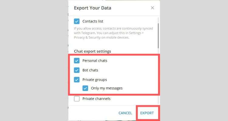 Check-mark which deleted messages and chats you want to export such as Personal Chat, Bot Chats, Private Groups, Only my messages, etc & click on ‘Export’ button.