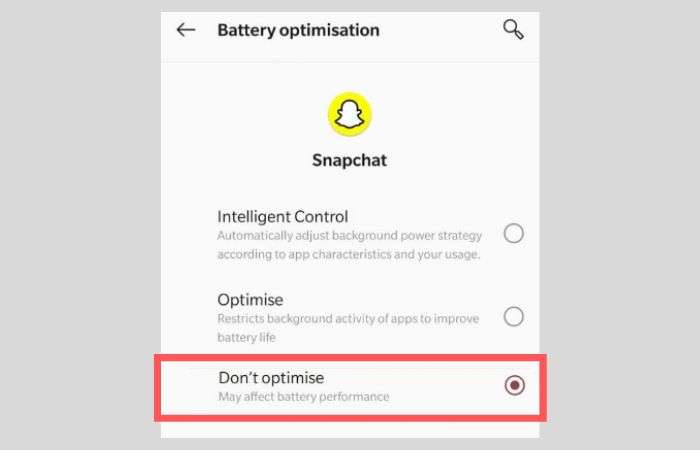 To stop Snapchat battery optimization, select the ‘Do not optimize’ for the ‘Battery optimization’ option.