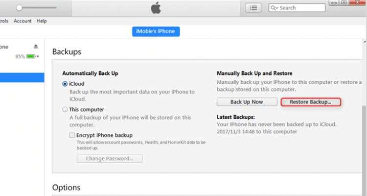 To restore iTunes backup on your phone, click on the “Restore Backup” option.