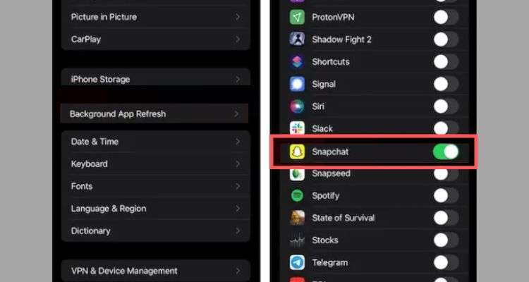 Tap on ‘Background App Refresh’ section from General Settings, to turn on toggle switch for Snapchat.
