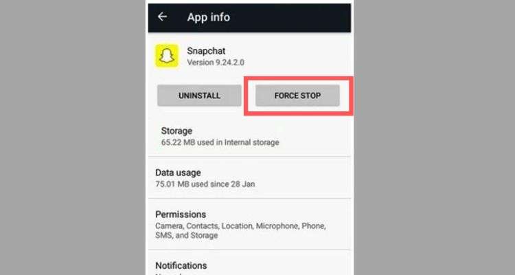 Inside Settings, tap on the “Snapchat” app from the list of all apps and tap on the “Force Stop” option.