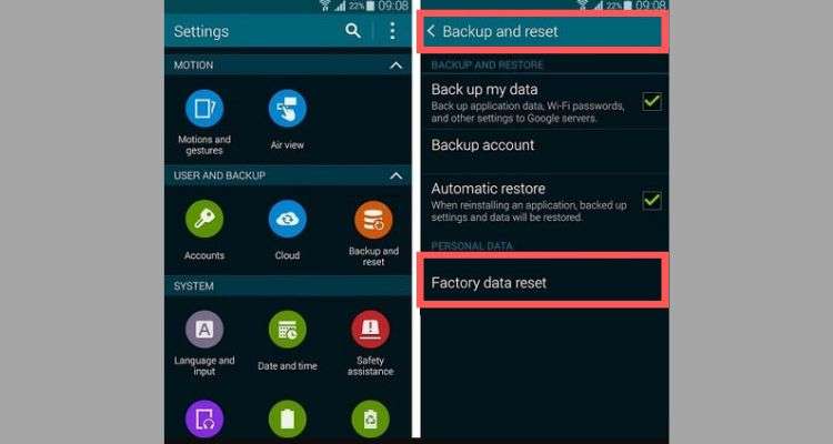 Go to the “Backup and Reset” section and tap on the “Factory Data Reset” option.