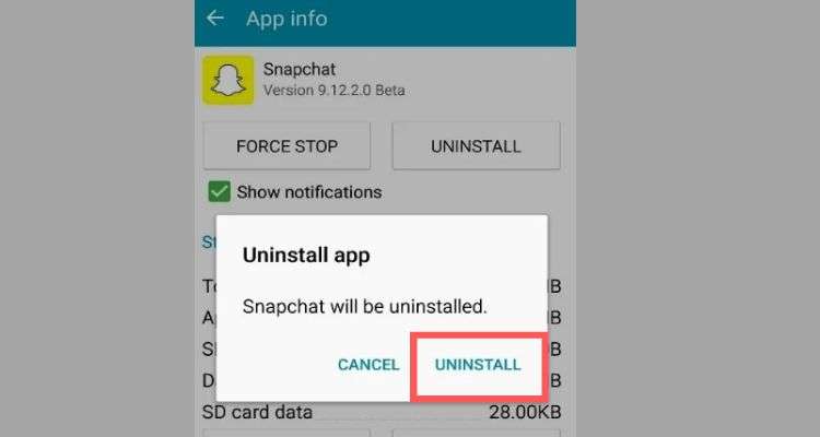 Tap the “Uninstall” button on the prompt to delete Snapchat from your Android phone