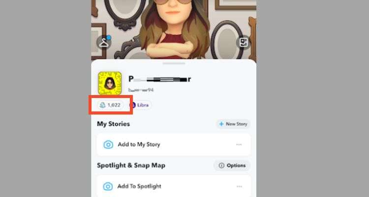 Beneath your ‘Display Name,’ your Snapchat profile score is given between your username and zodiac sign.