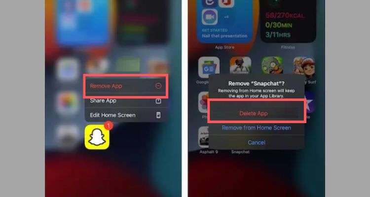Tap on the “Remove App” and “Delete App” button to delete Snapchat from your iPhone.