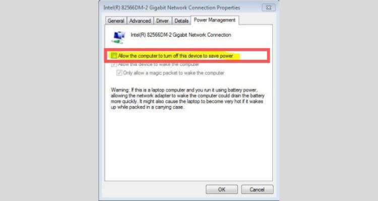 “Allow the computer to turn off this device to save power” checkbox.